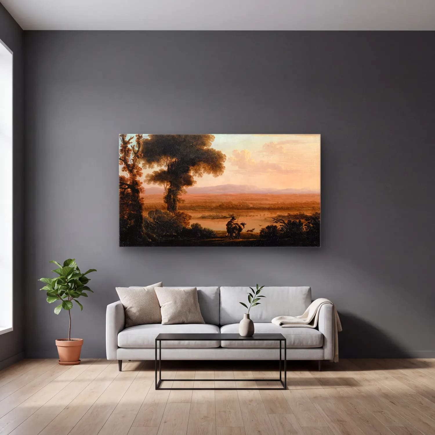 Herman van Swanevelt – Southern River Landscape cam tablo — gri duvarlı salonda