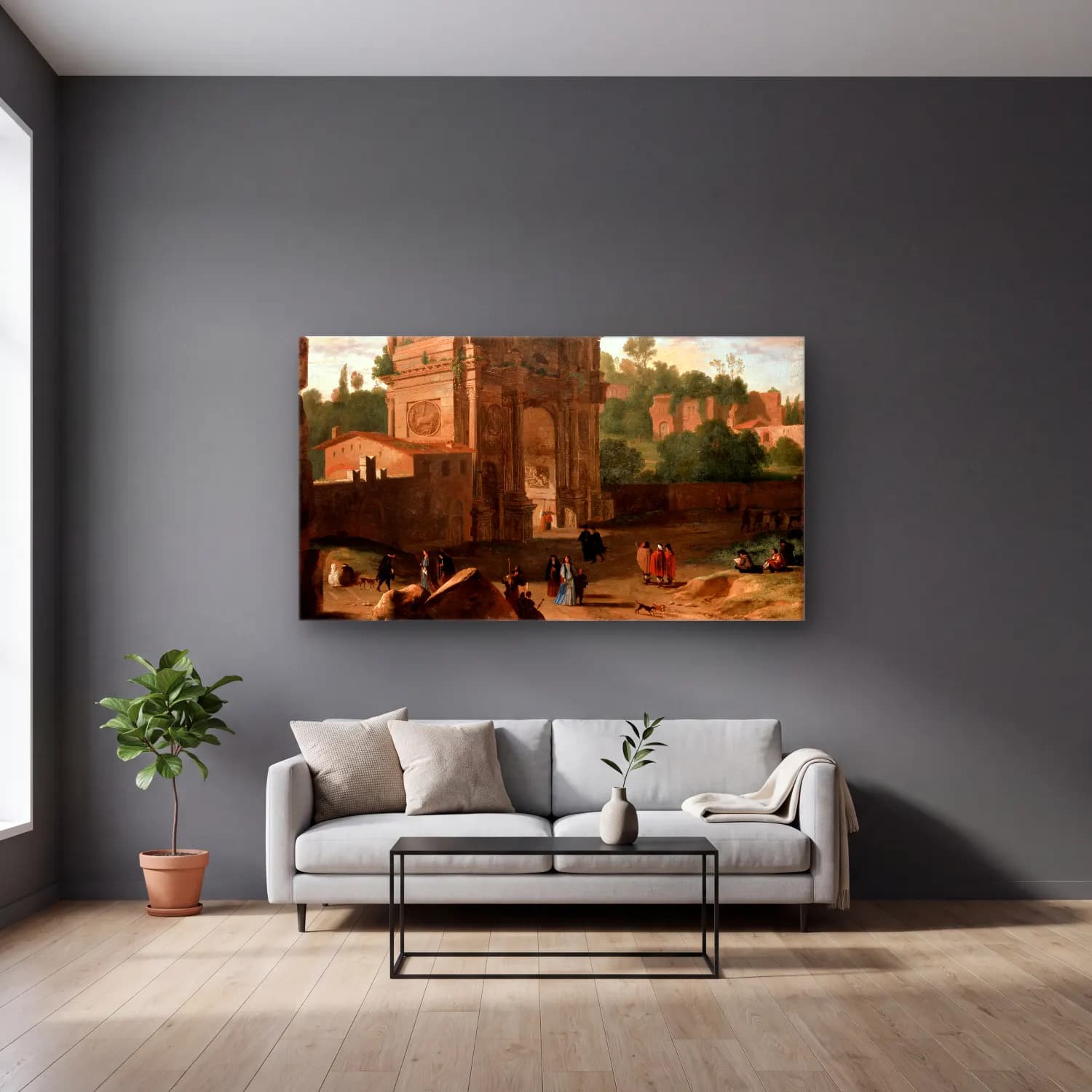 Herman van Swanevelt – The Arch of Constantine, Rome cam tablo — gri duvarlı salonda