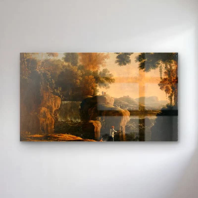 Herman van Swanevelt – Waterfall with Fishermen cam tablo — Herman van Swanevelt – Waterfall with Fishermen — yağlı boya kırda nehir