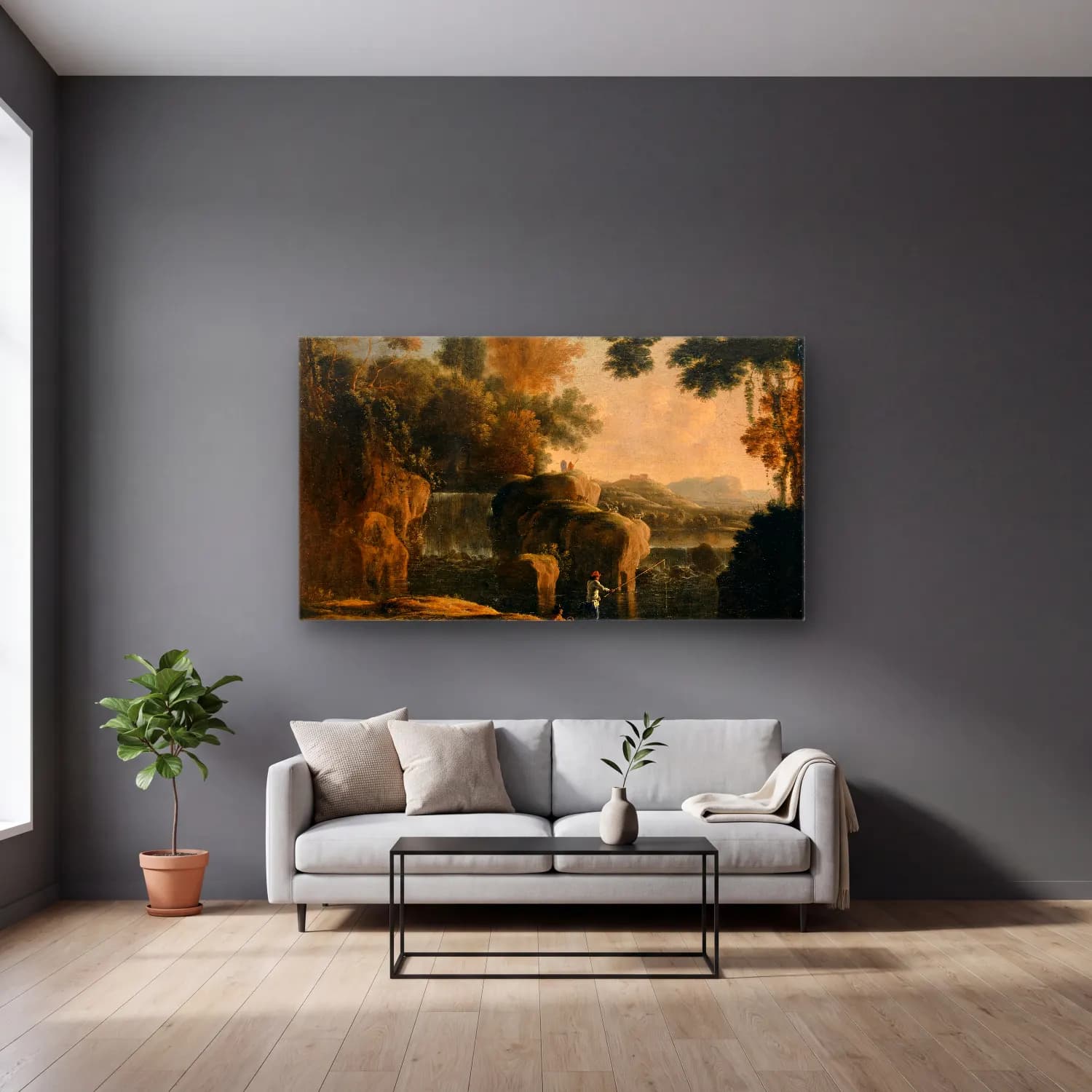 Herman van Swanevelt – Waterfall with Fishermen cam tablo — gri duvarlı salonda