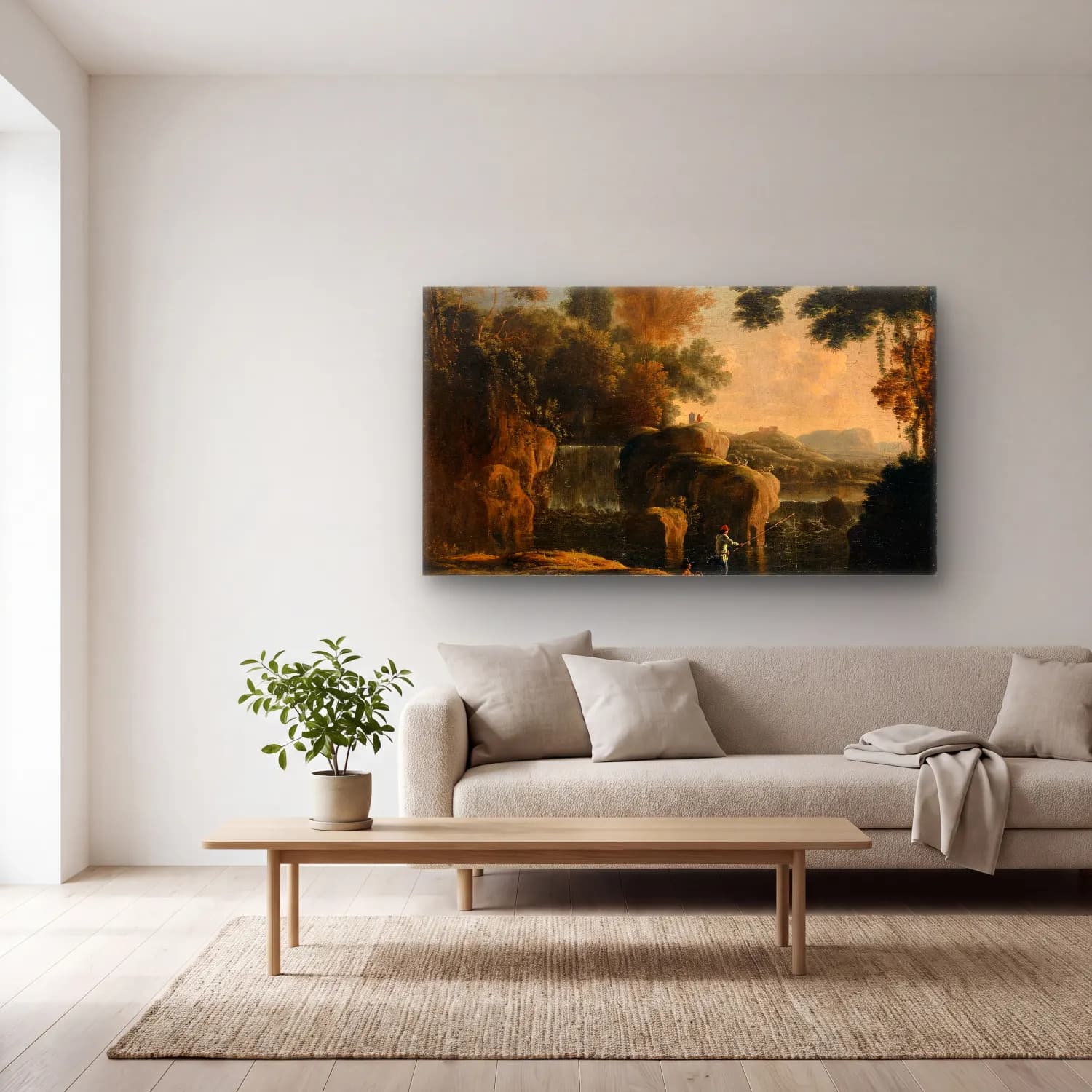 Herman van Swanevelt – Waterfall with Fishermen cam tablo — açık renk salonda