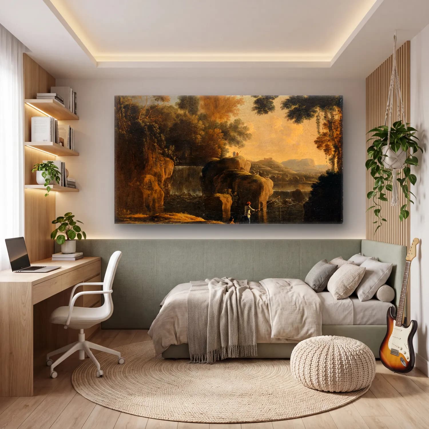 Herman van Swanevelt – Waterfall with Fishermen cam tablo — genç odasında