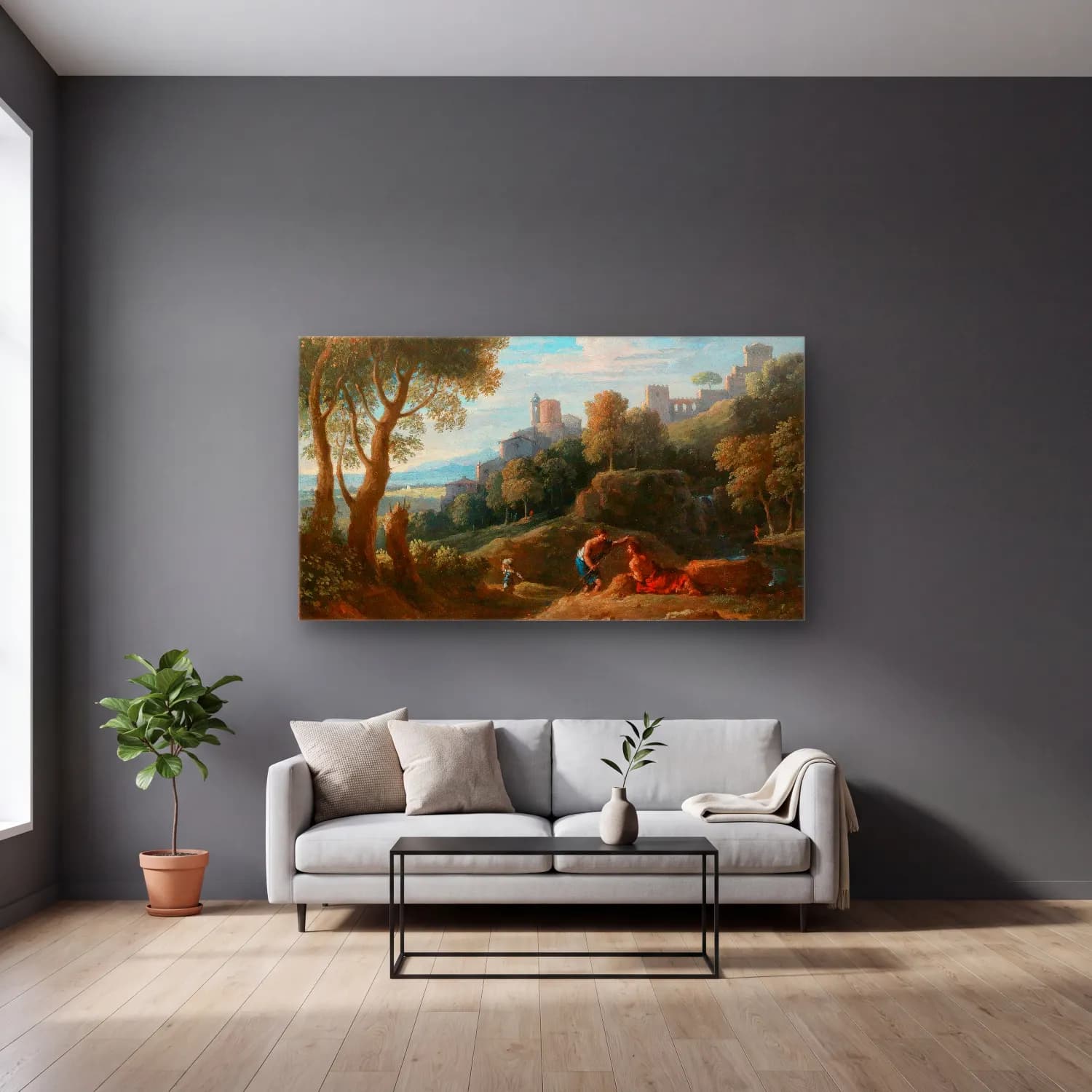Jan Frans Van Bloemen – A Campagna landscape cam tablo — gri duvarlı salonda