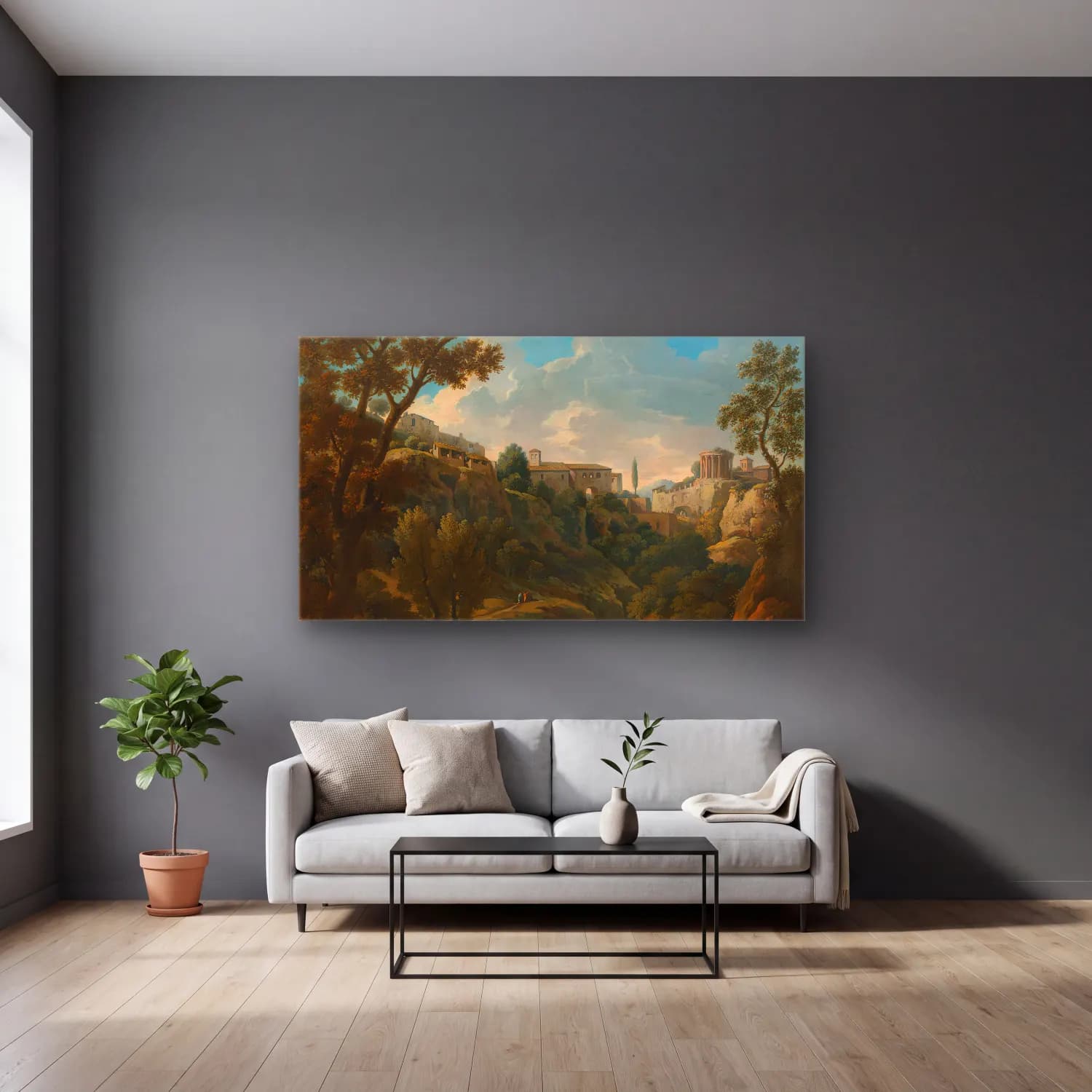 Jan Frans Van Bloemen – A capriccio of Tivoli with a waterfall and shepherds cam tablo — gri duvarlı salonda