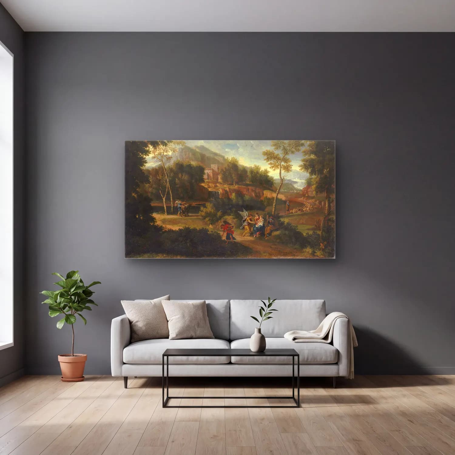 Jan Frans Van Bloemen – An Extensive Landscape With The Rest On The Flight Into… cam tablo — gri duvarlı salonda