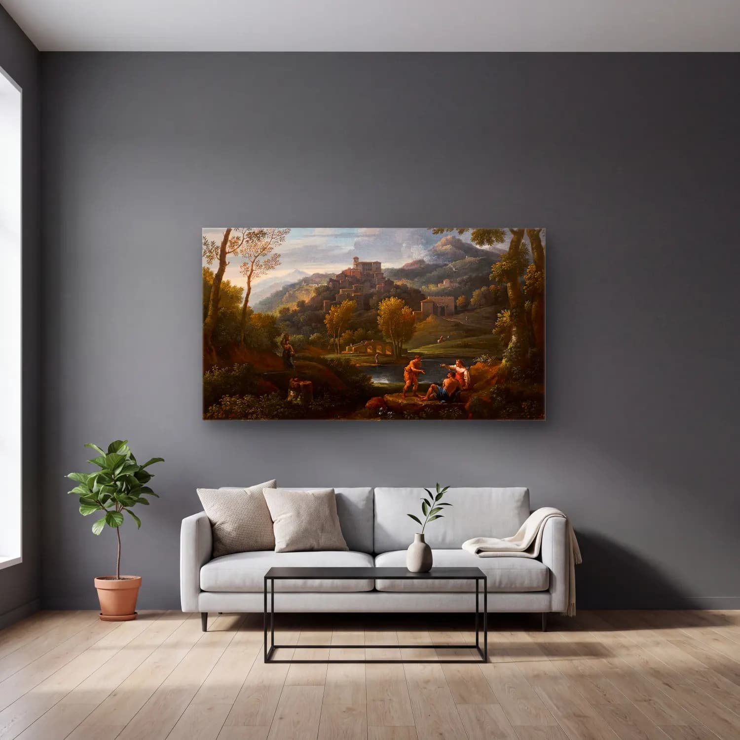 Jan Frans Van Bloemen – An italianate landscape with figures in the foreground cam tablo — gri duvarlı salonda
