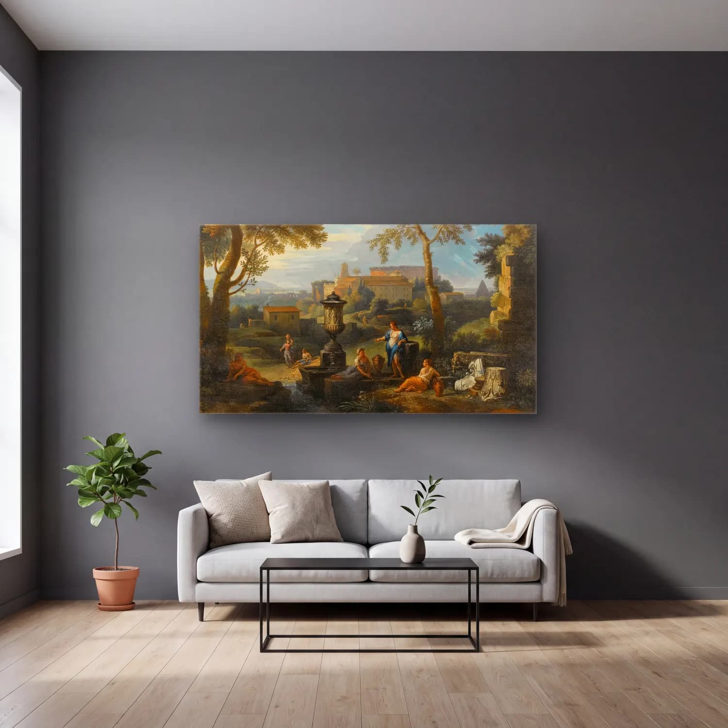 Jan Frans Van Bloemen – Classical Figures Seated By Ruins In An Italianate Landscape cam tablo — gri duvarlı salonda