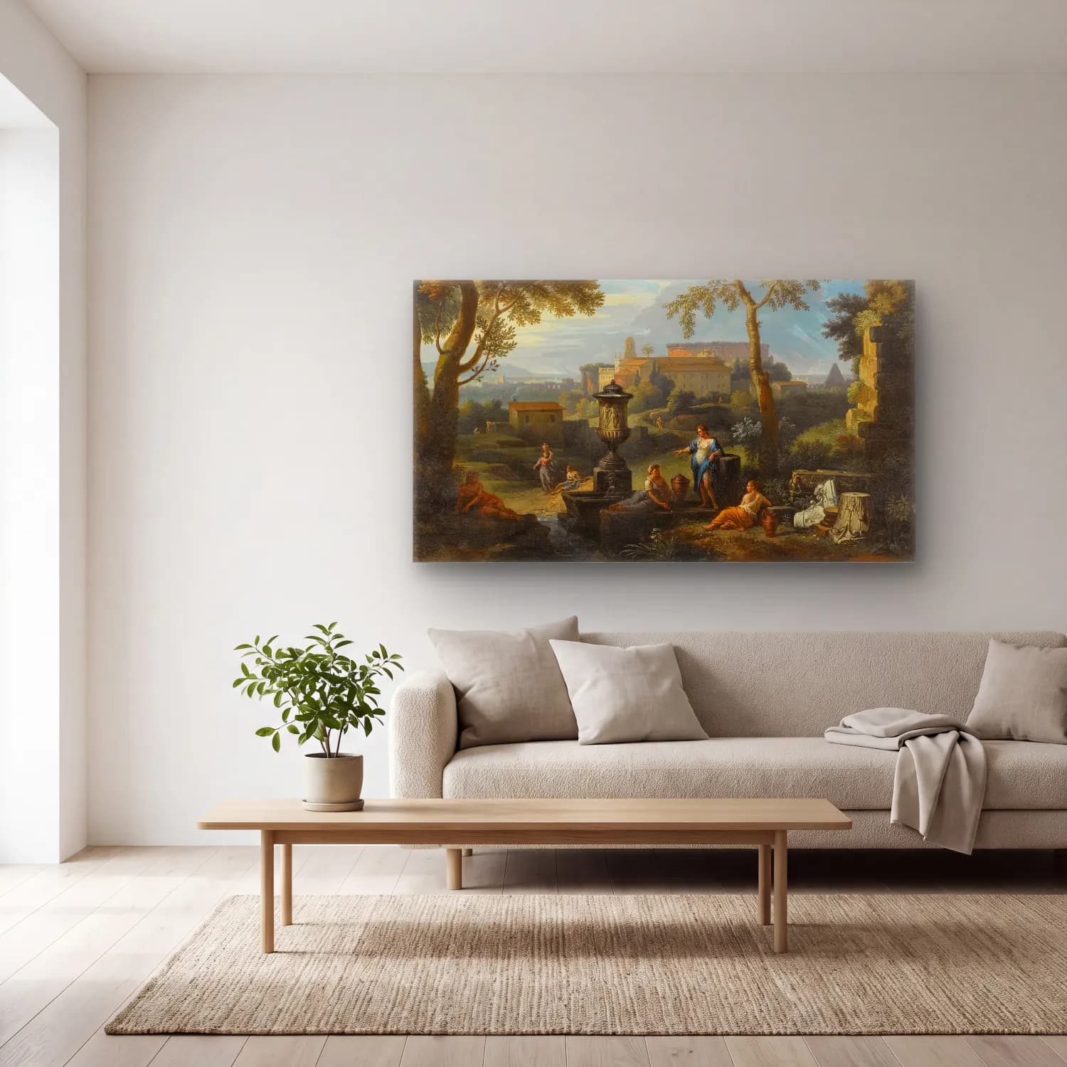 Jan Frans Van Bloemen – Classical Figures Seated By Ruins In An Italianate Landscape cam tablo — açık renk salonda
