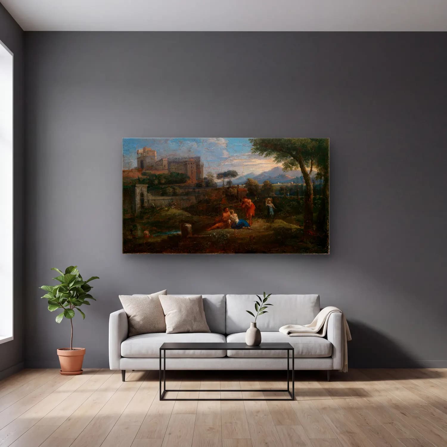 Jan Frans Van Bloemen – Klassische Landschaft bei Rom mit Blick auf das Belvedere… cam tablo — gri duvarlı salonda