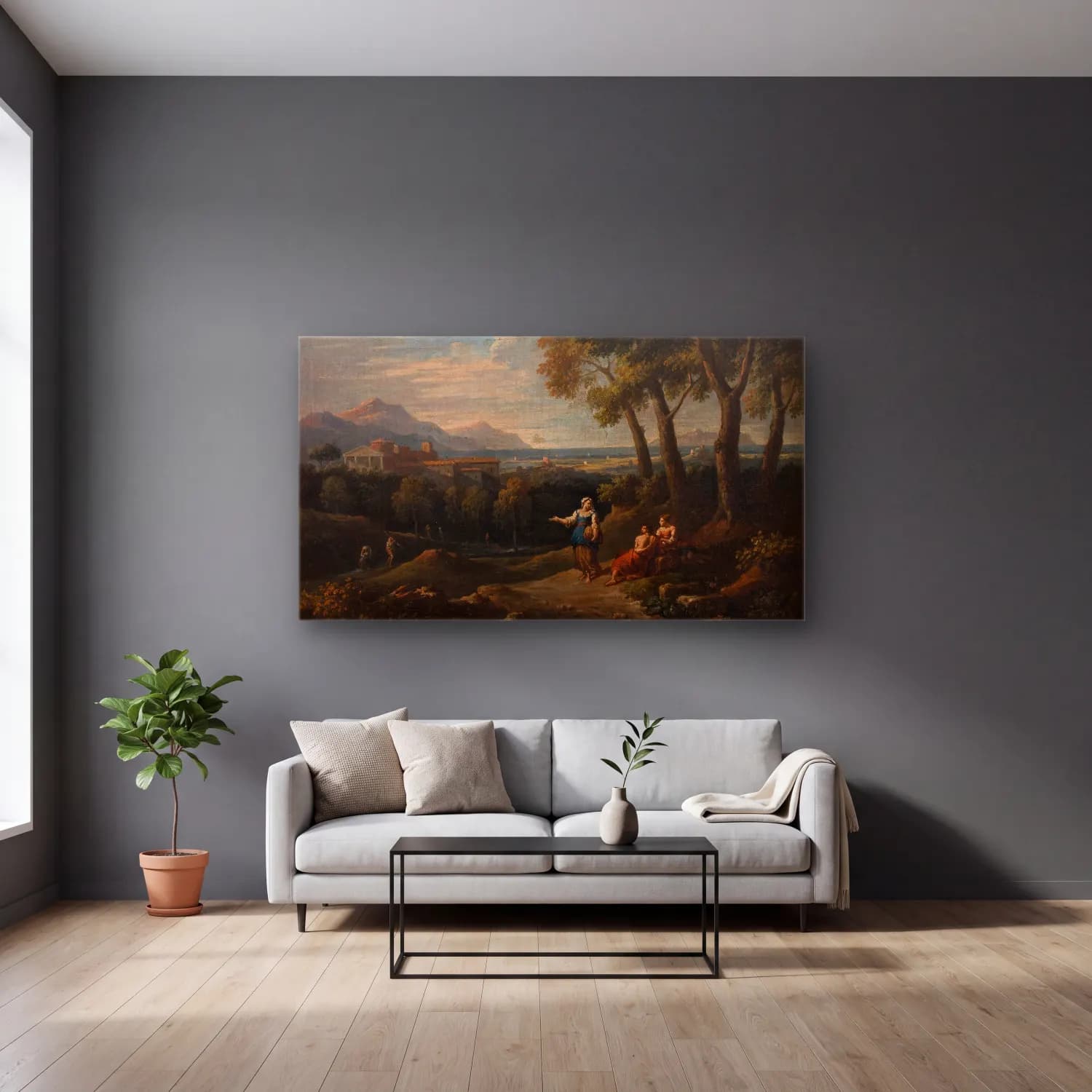 Jan Frans Van Bloemen – Landscape with a Genre Scene cam tablo — gri duvarlı salonda