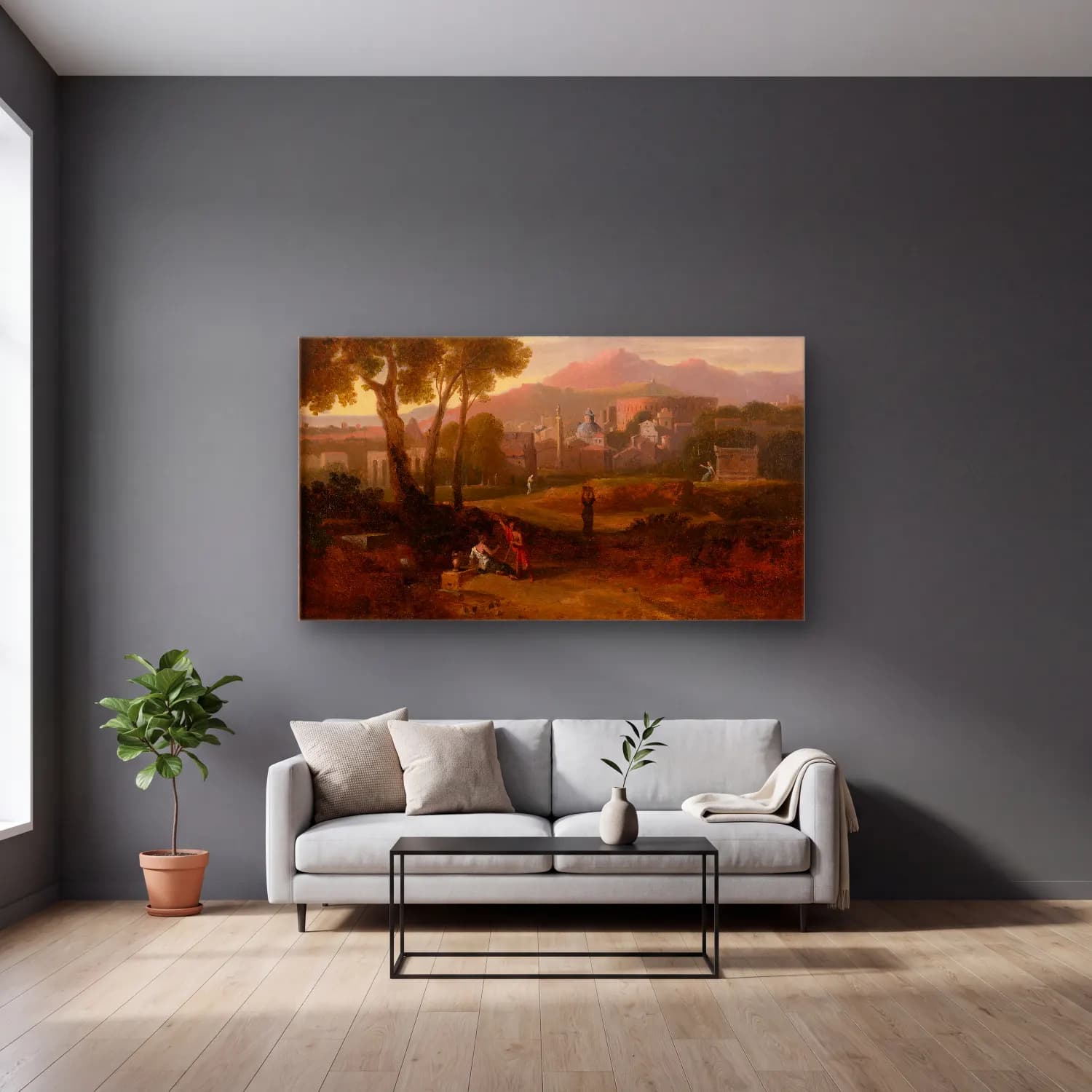 Jan Frans Van Bloemen – Outside The City Walls cam tablo — gri duvarlı salonda