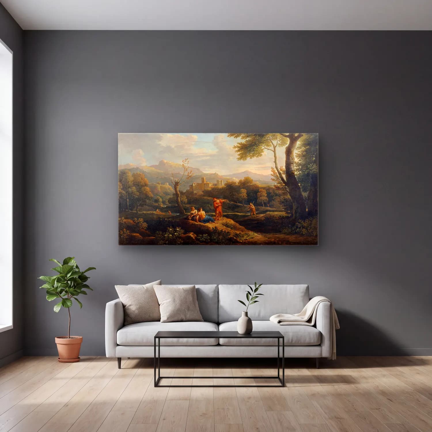 Jan Frans Van Bloemen – Paysage d’Italie cam tablo — gri duvarlı salonda