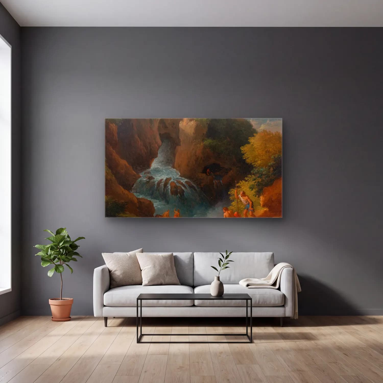 Jan Frans Van Bloemen – The falls of Tivoli with the Temple of the Sibyl cam tablo — gri duvarlı salonda