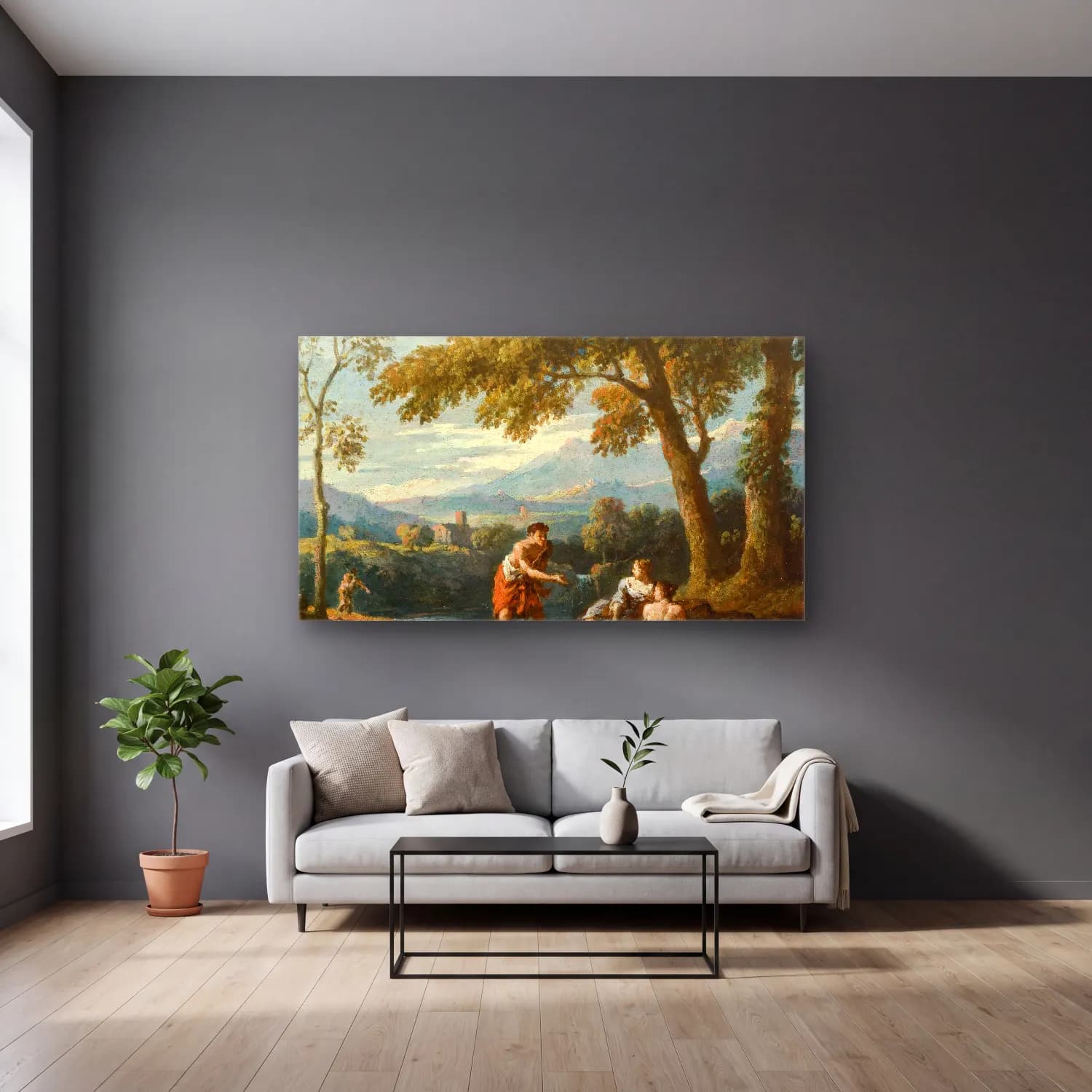 Jan Frans Van Bloemen – View of the Roman Campagna with Figures Conversing (circa… cam tablo — gri duvarlı salonda