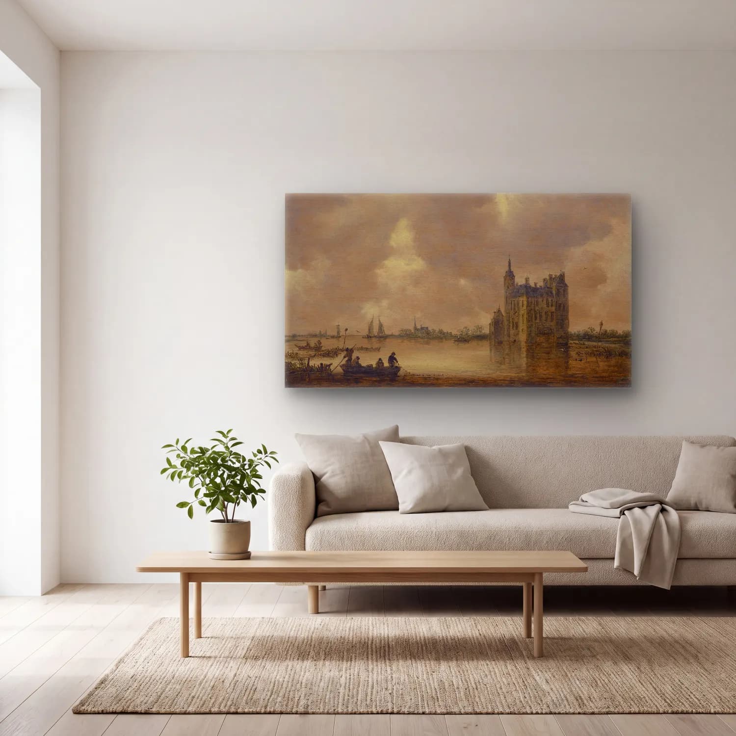 Jan van Goyen – A Castle by a River cam tablo — açık renk salonda