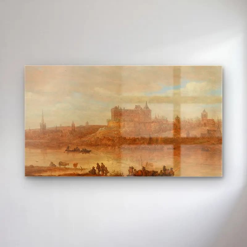 Jan van Goyen – A river landscape with a ferry boat and a castle by a town… cam tablo — Jan van Goyen – A river landscape with a ferry boat and a castle by a town… — yağlı boya şato