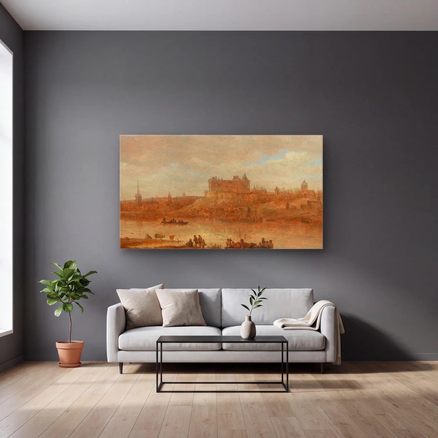 Jan van Goyen – A river landscape with a ferry boat and a castle by a town… cam tablo — gri duvarlı salonda