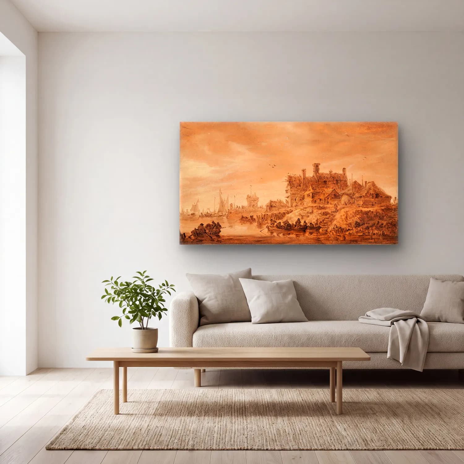 Jan van Goyen – Coast Scene cam tablo — açık renk salonda