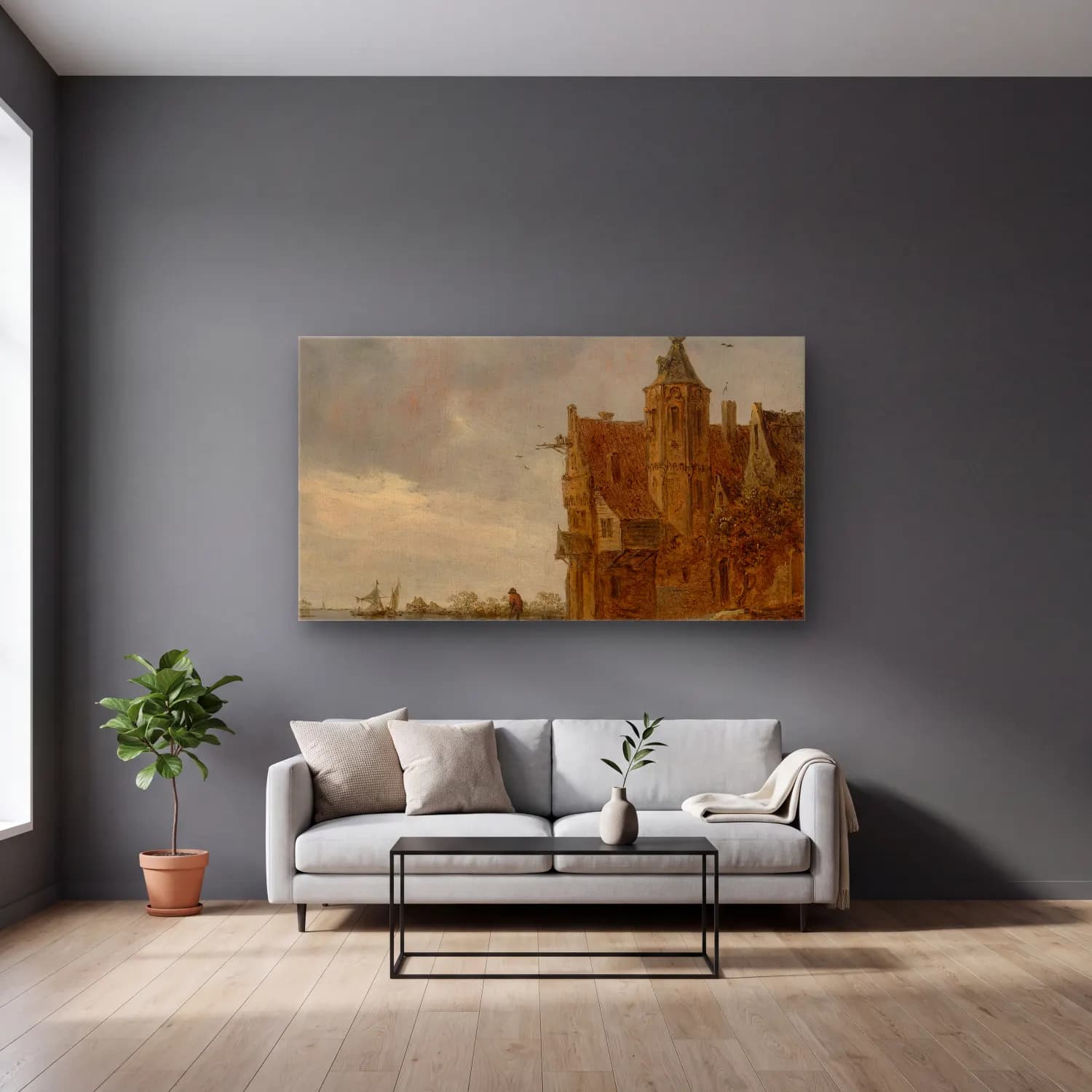 Jan van Goyen – Country House near the Water cam tablo — gri duvarlı salonda