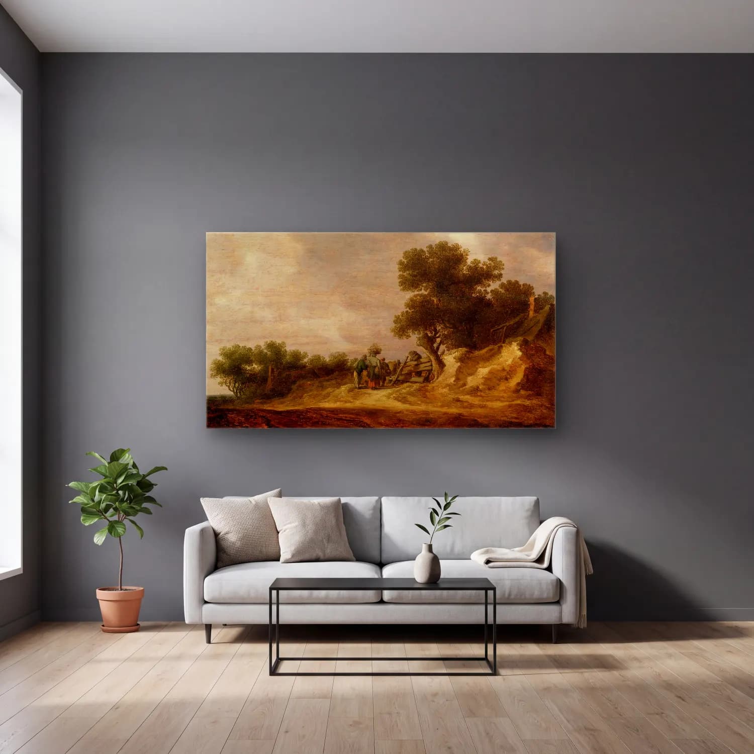 Jan van Goyen – Dune Landscape (ca. 1632) cam tablo — gri duvarlı salonda