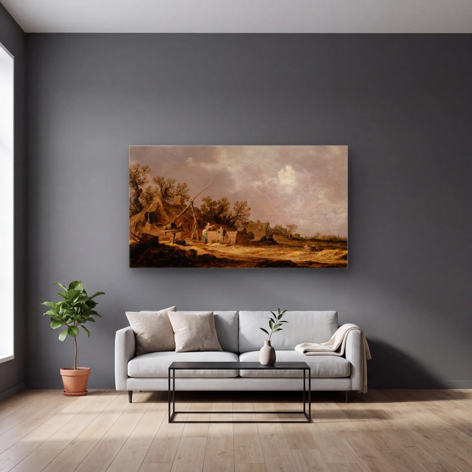 Jan van Goyen – Farms cam tablo — gri duvarlı salonda