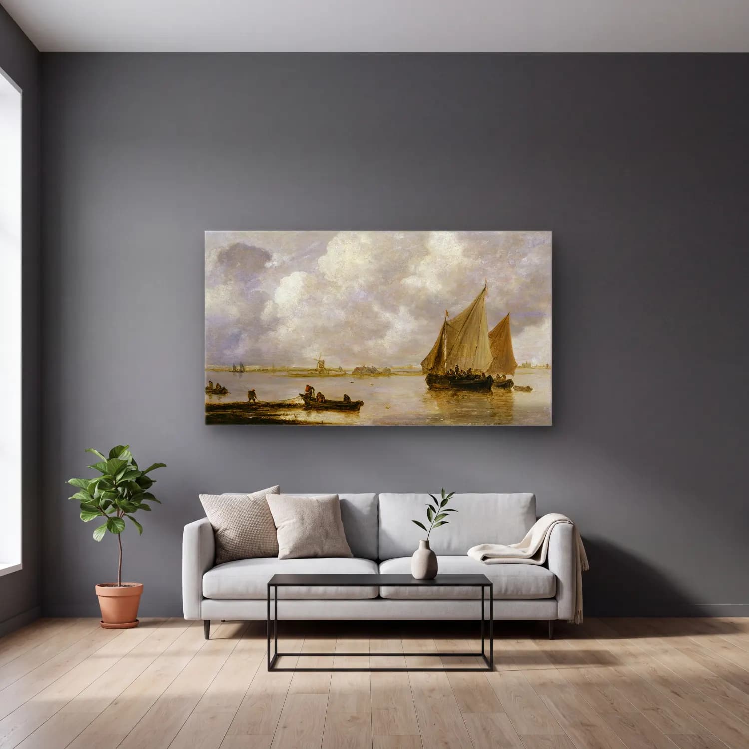 Jan van Goyen – Haarlem Sea cam tablo — gri duvarlı salonda
