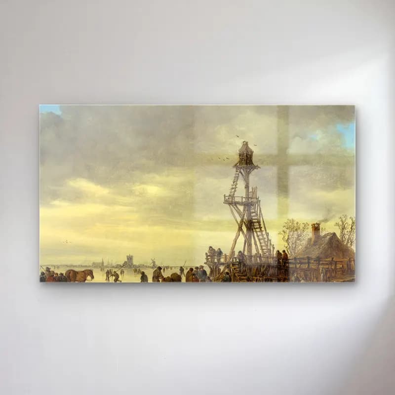 Jan van Goyen – Ice Scene near a Wooden Observation Tower cam tablo — Jan van Goyen – Ice Scene near a Wooden Observation Tower — yağlı boya karlı kış manzarası