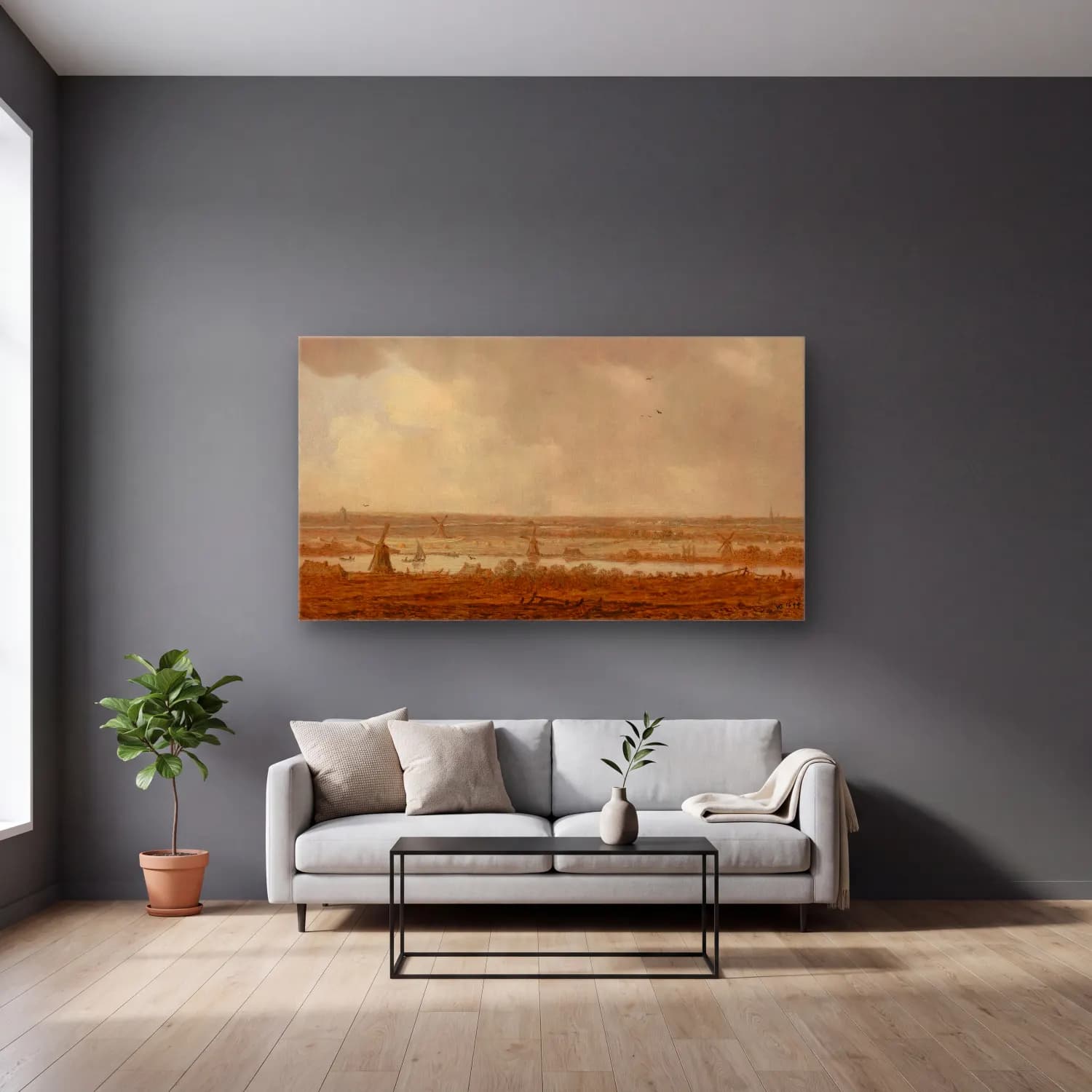 Jan van Goyen – Polder Landscape cam tablo — gri duvarlı salonda