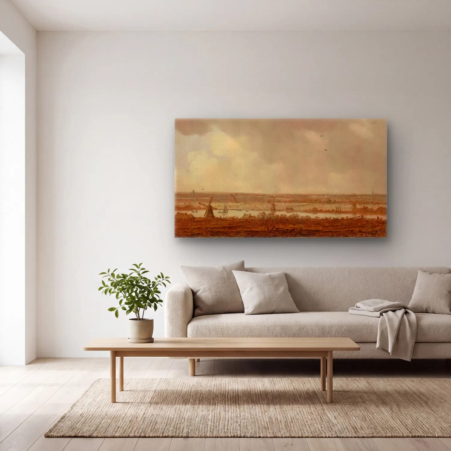 Jan van Goyen – Polder Landscape cam tablo — açık renk salonda