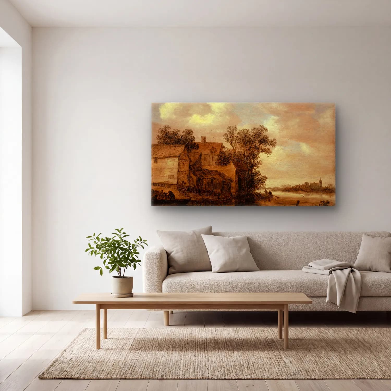 Jan van Goyen – River Landscape cam tablo — açık renk salonda
