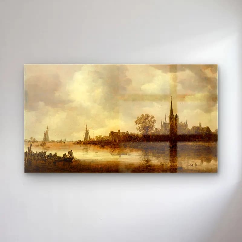 Jan van Goyen – River Landscape with a Church in the Distance cam tablo — Jan van Goyen – River Landscape with a Church in the Distance — yağlı boya liman ve tekneler