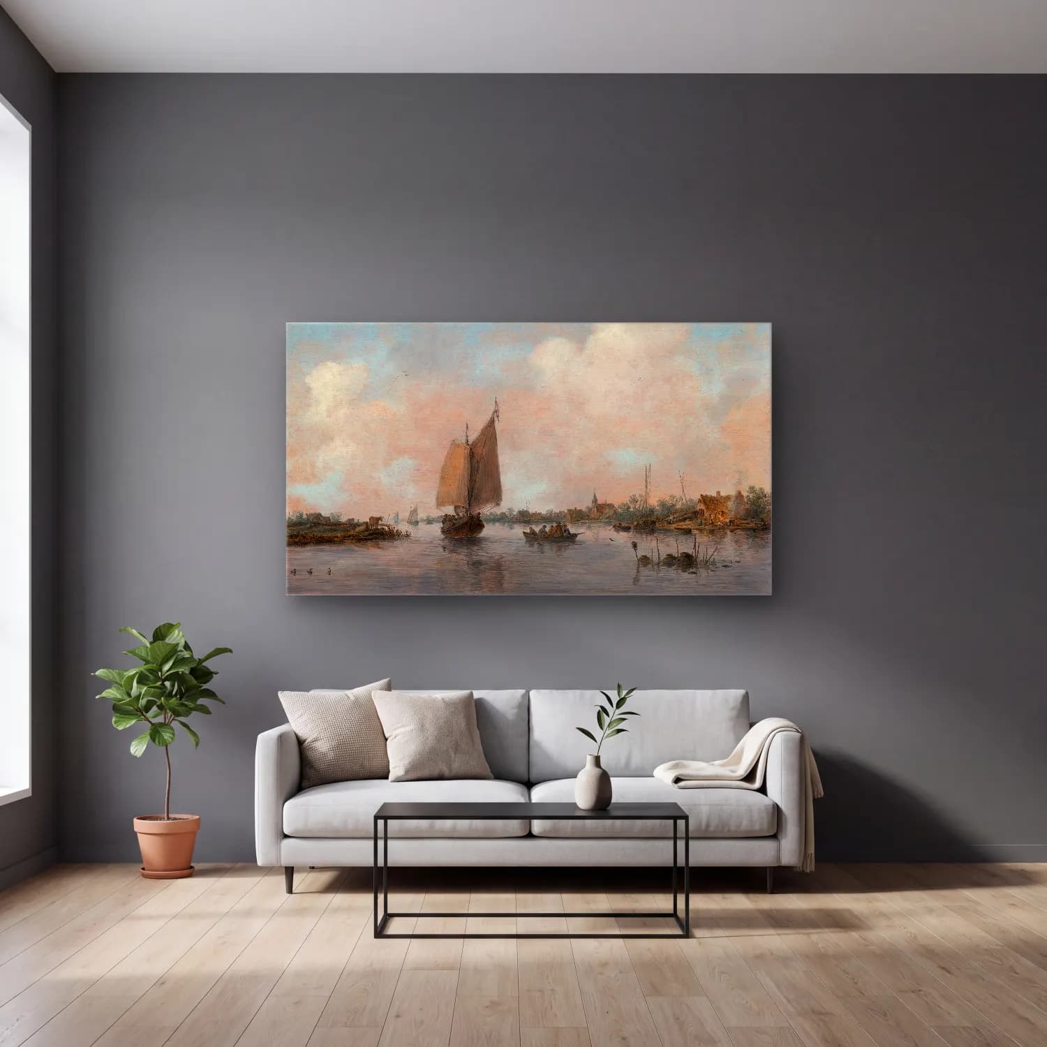 Jan van Goyen – River View cam tablo — gri duvarlı salonda