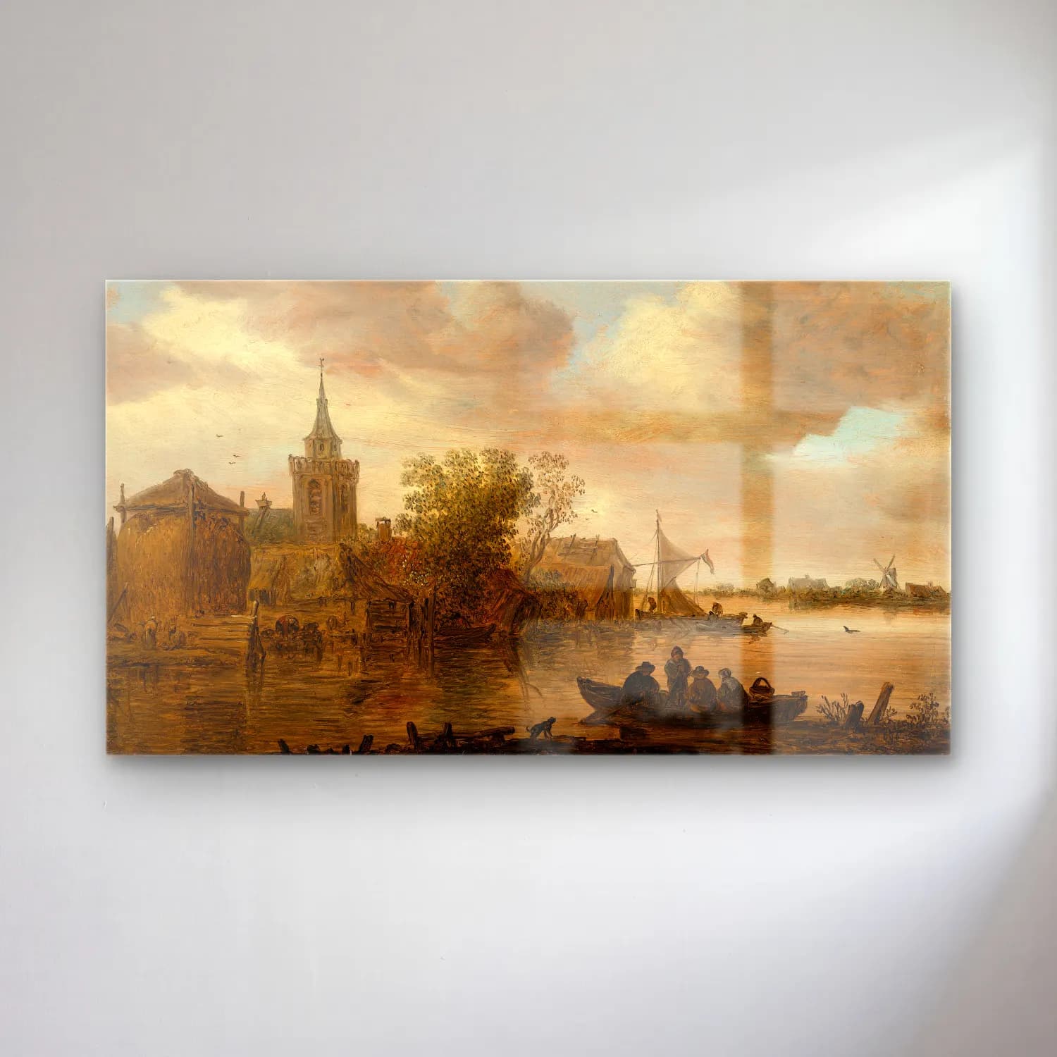 Jan van Goyen – River View with Church and Farmhouse cam tablo — Jan van Goyen – River View with Church and Farmhouse — yağlı boya liman ve tekneler