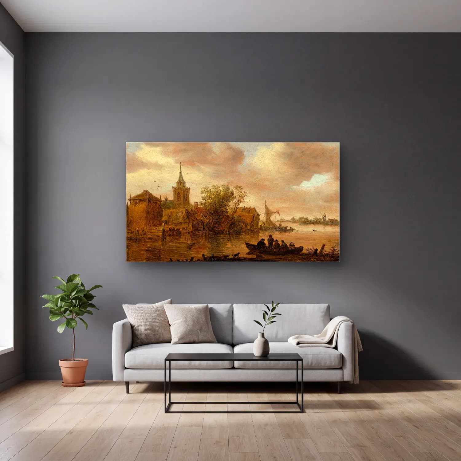 Jan van Goyen – River View with Church and Farmhouse cam tablo — gri duvarlı salonda