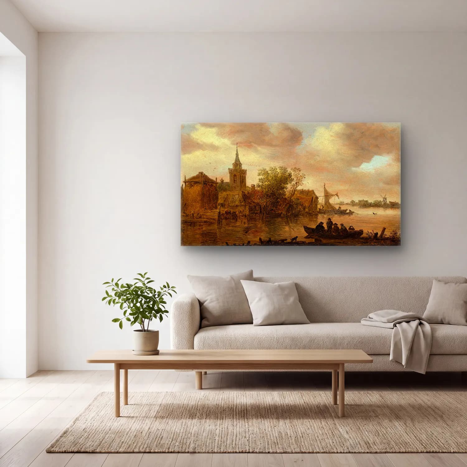 Jan van Goyen – River View with Church and Farmhouse cam tablo — açık renk salonda