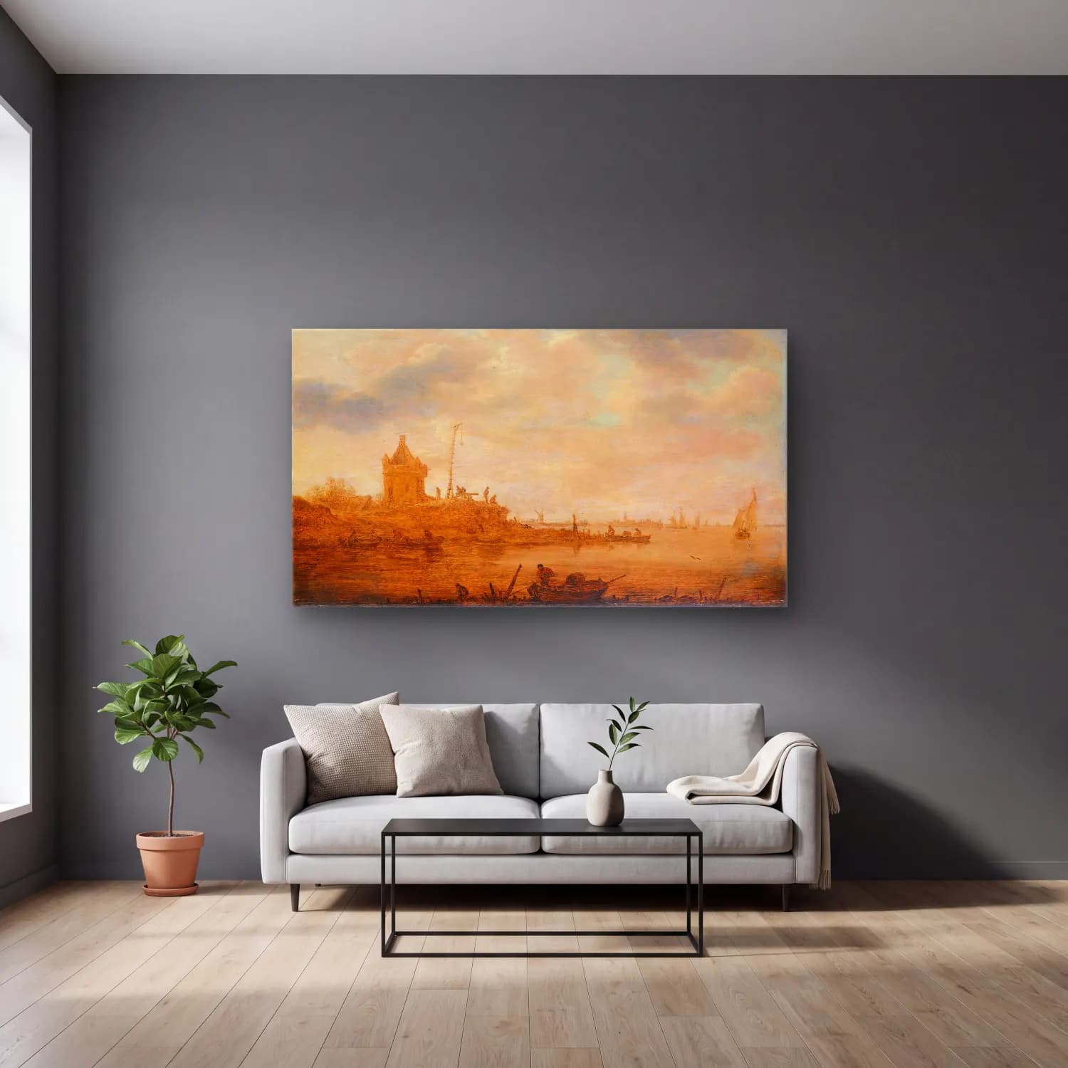 Jan van Goyen – River View with Sentry Post cam tablo — gri duvarlı salonda