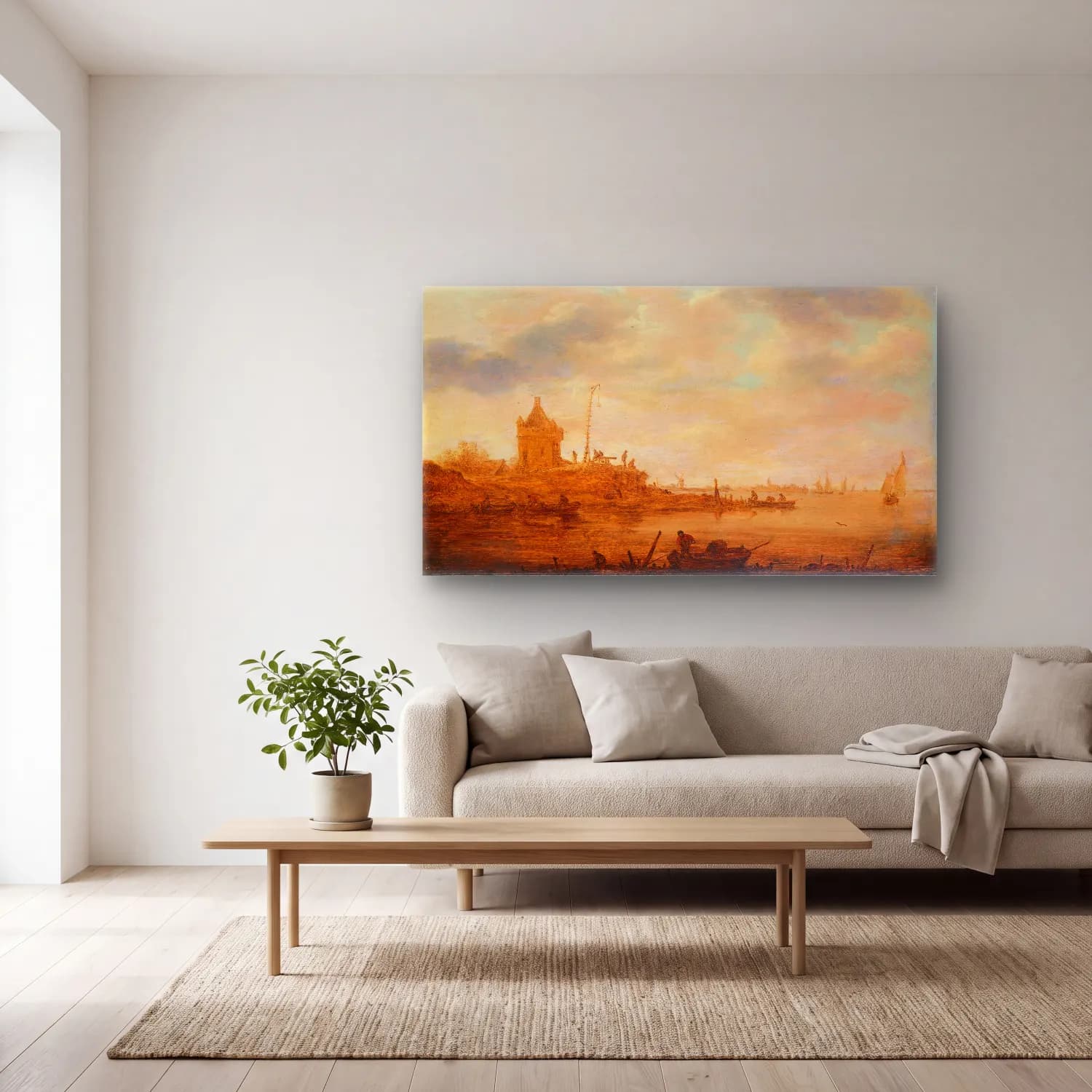 Jan van Goyen – River View with Sentry Post cam tablo — açık renk salonda