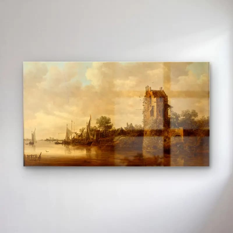 Jan van Goyen – Riverside with an Old Tower cam tablo — Jan van Goyen – Riverside with an Old Tower — yağlı boya liman ve tekneler
