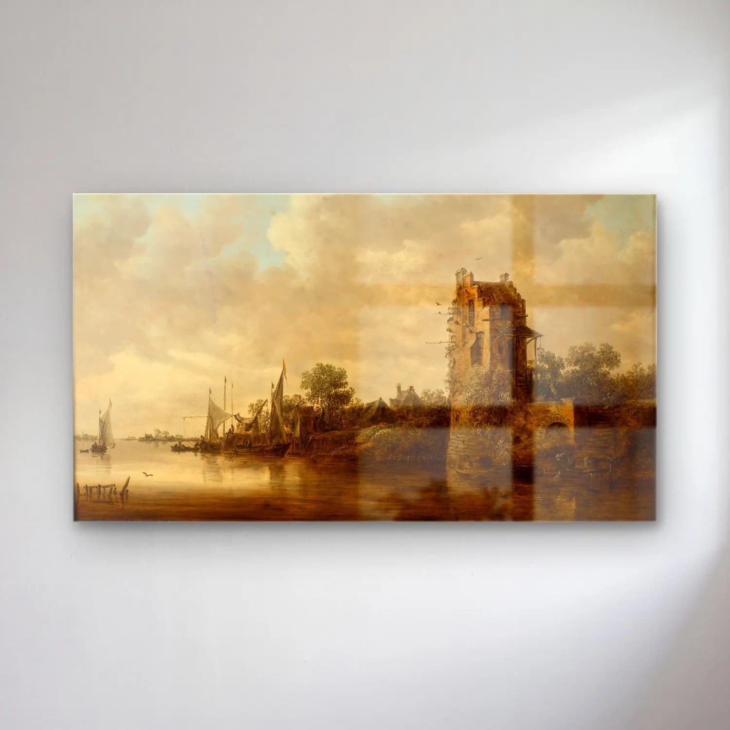 Jan van Goyen – Riverside with an Old Tower cam tablo — Jan van Goyen – Riverside with an Old Tower — yağlı boya liman ve tekneler