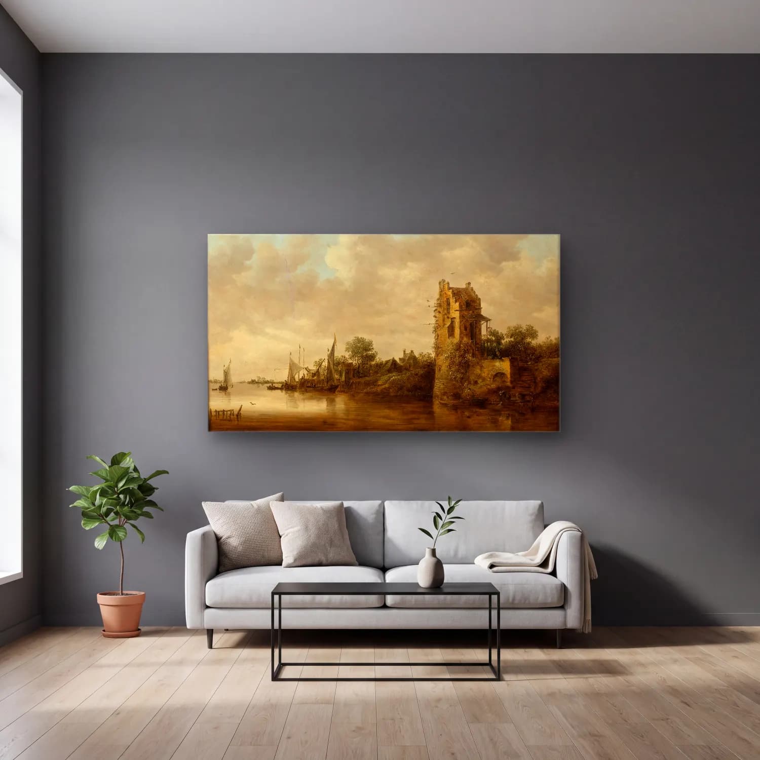Jan van Goyen – Riverside with an Old Tower cam tablo — gri duvarlı salonda