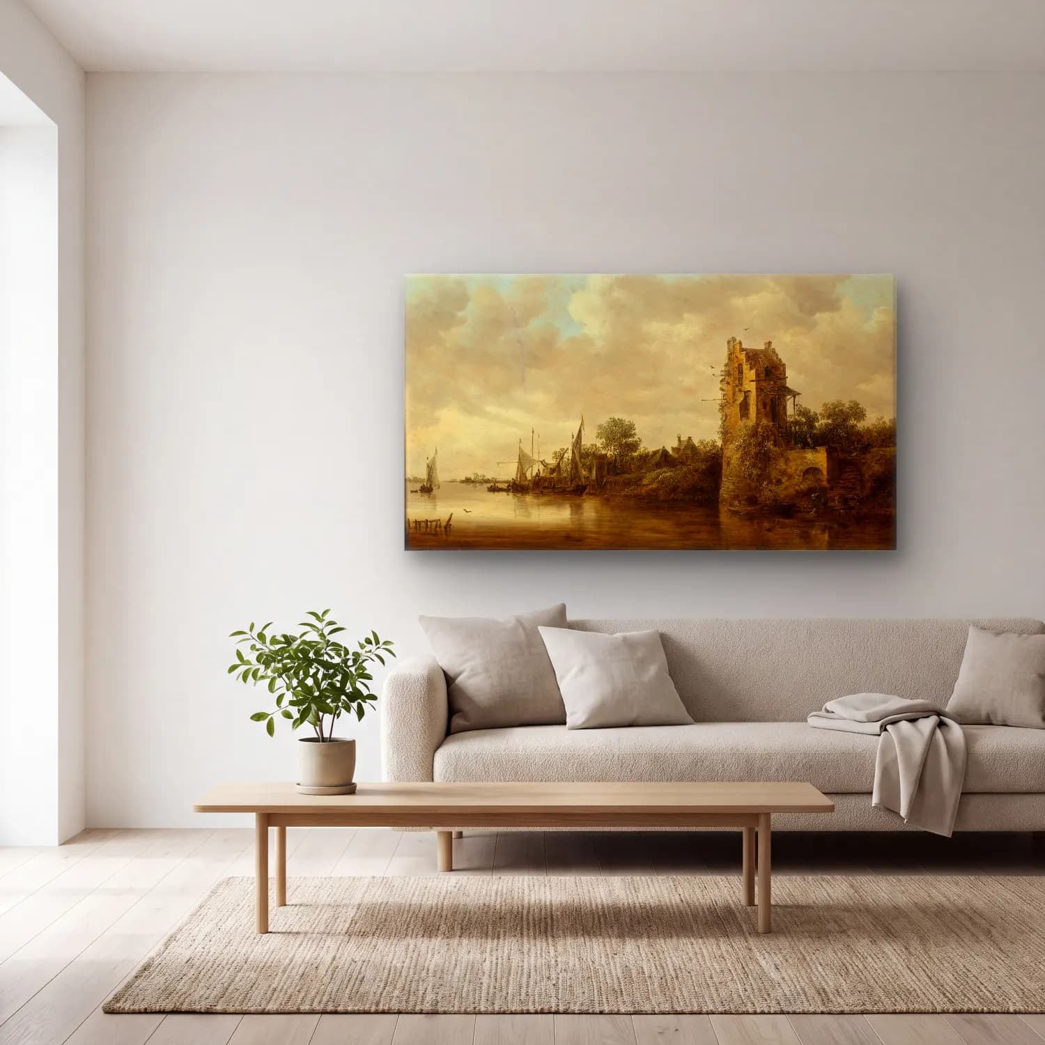 Jan van Goyen – Riverside with an Old Tower cam tablo — açık renk salonda