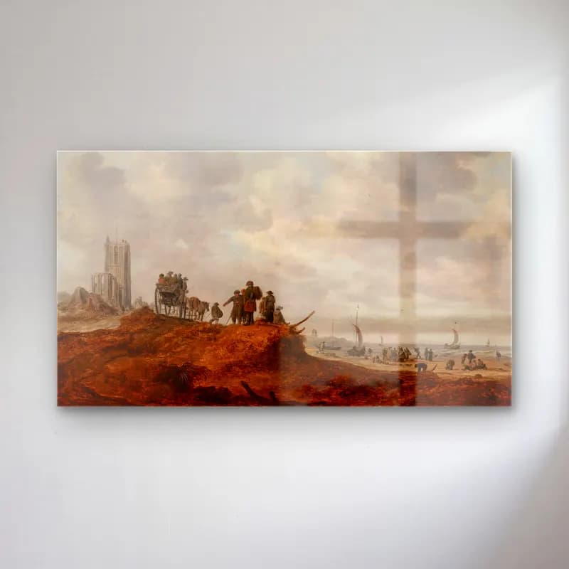 Jan van Goyen – The Old Church at Egmond aan Zee cam tablo — Jan van Goyen – The Old Church at Egmond aan Zee — yağlı boya sahilde i̇nsanlar
