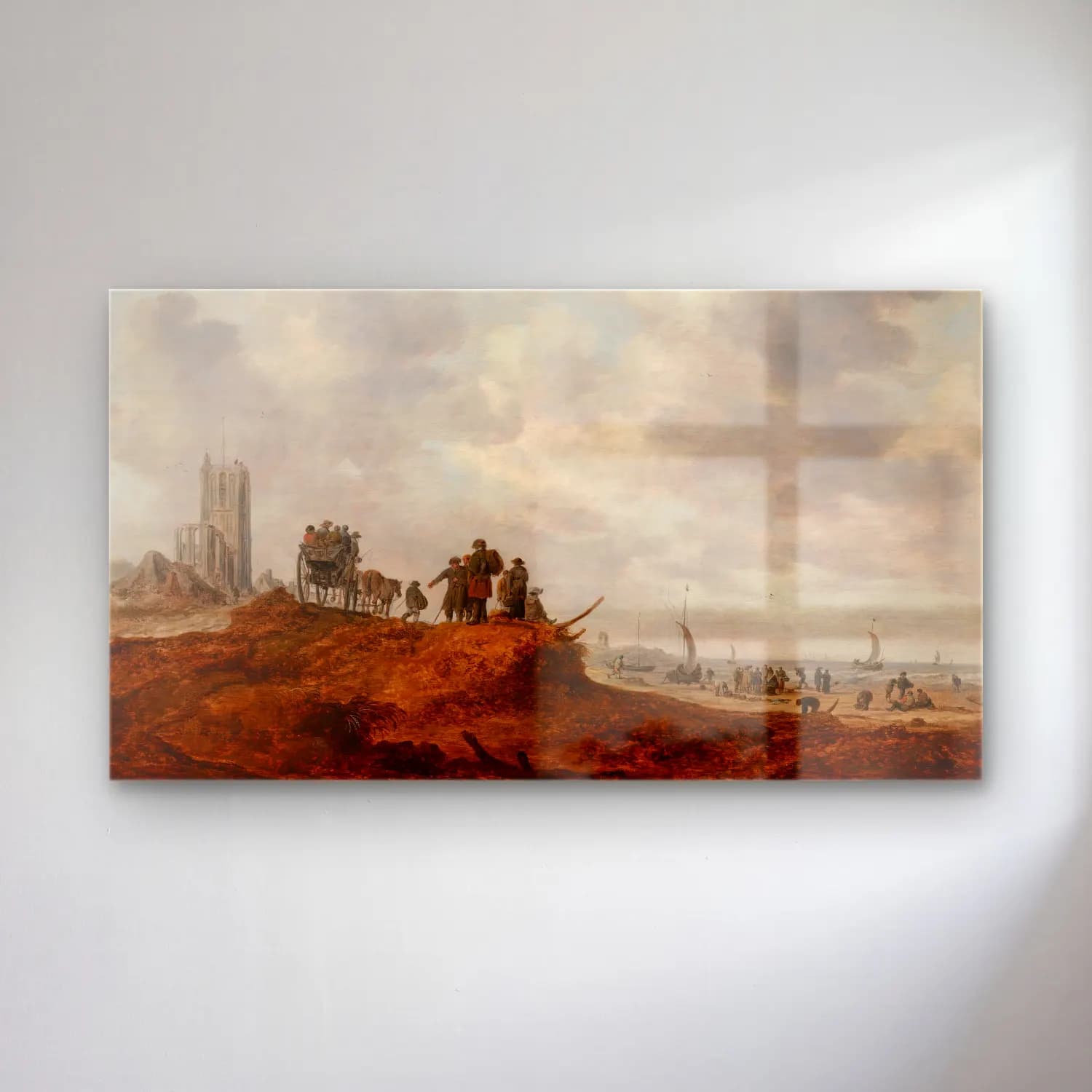 Jan van Goyen – The Old Church at Egmond aan Zee cam tablo — Jan van Goyen – The Old Church at Egmond aan Zee — yağlı boya sahilde i̇nsanlar