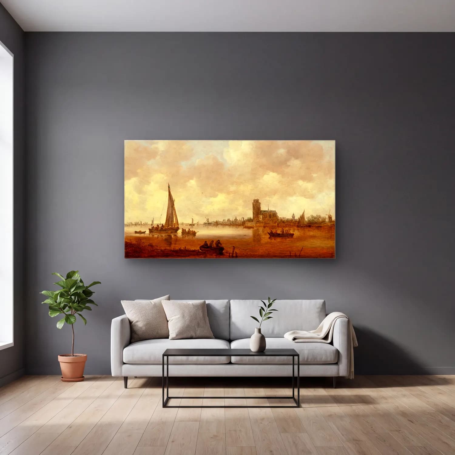 Jan van Goyen – View of Dordrecht cam tablo — gri duvarlı salonda