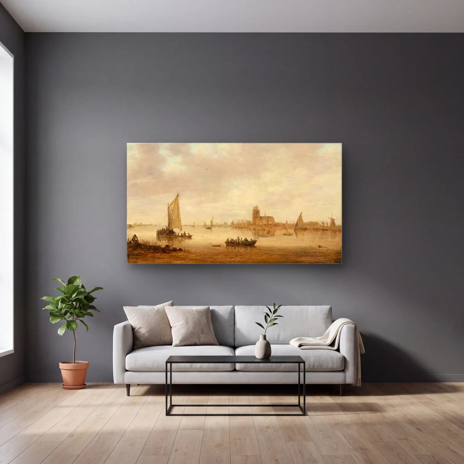 Jan van Goyen – View of Dordrecht from the Dordtse Kil cam tablo — gri duvarlı salonda