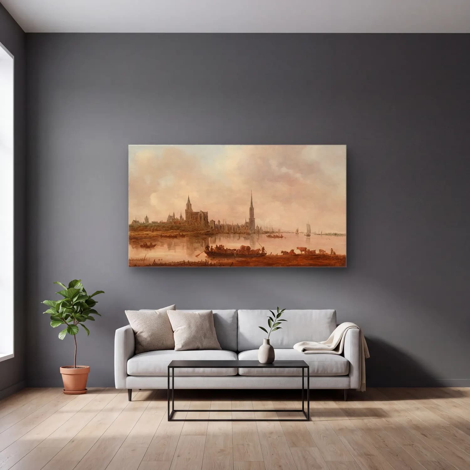 Jan van Goyen – View of Emmerich cam tablo — gri duvarlı salonda