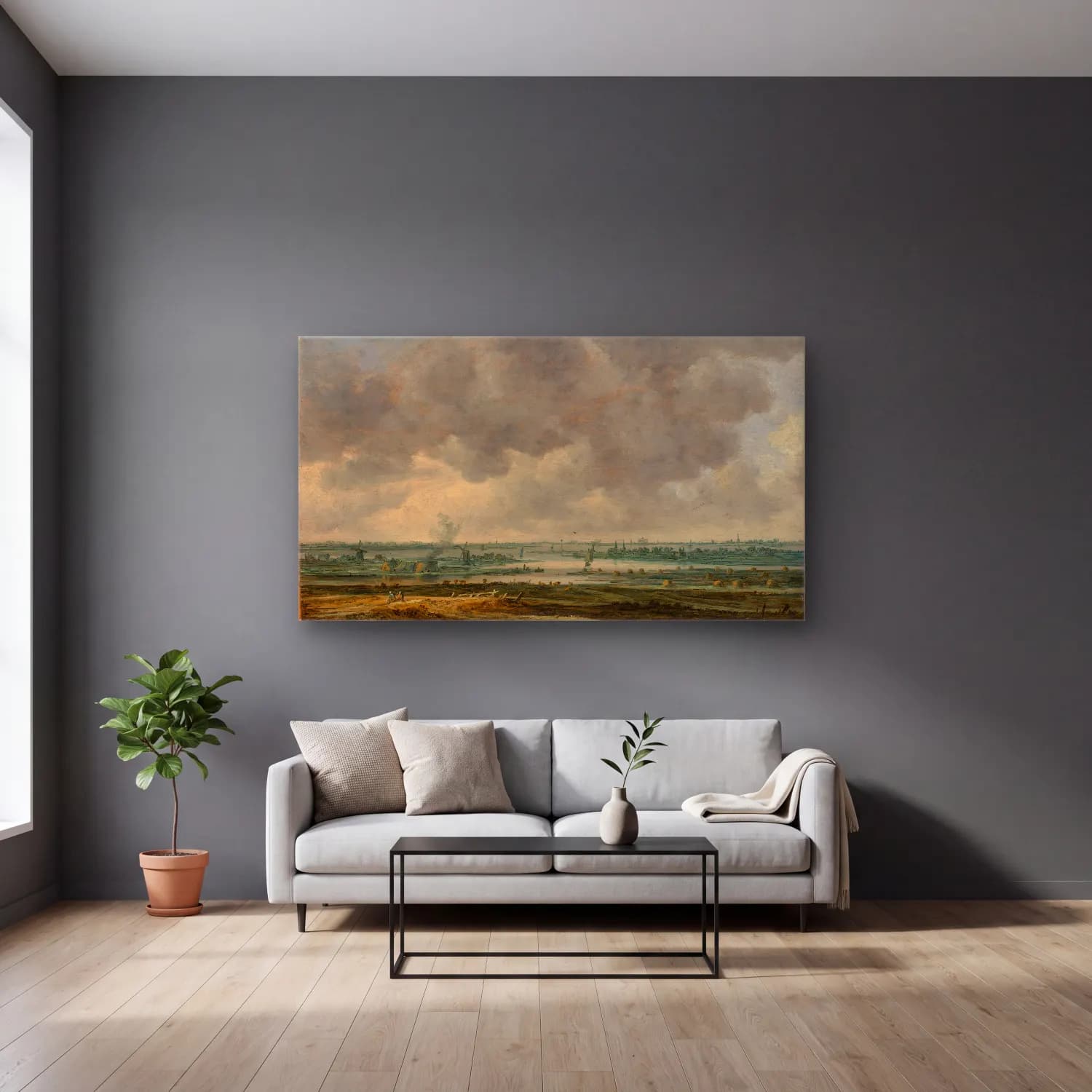Jan van Goyen – View of Haarlem and the Haarlemmer Meer cam tablo — gri duvarlı salonda