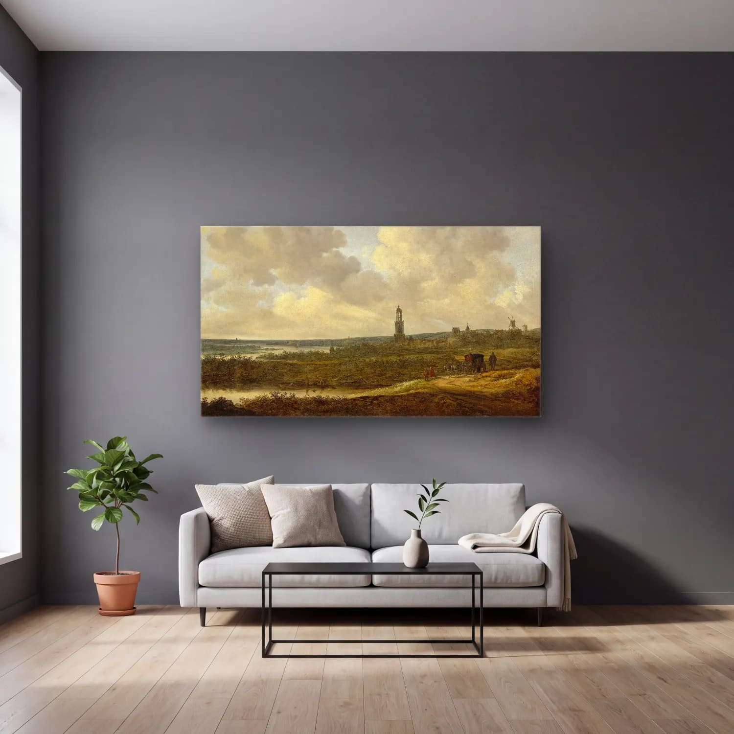 Jan van Goyen – View of Rhenen cam tablo — gri duvarlı salonda