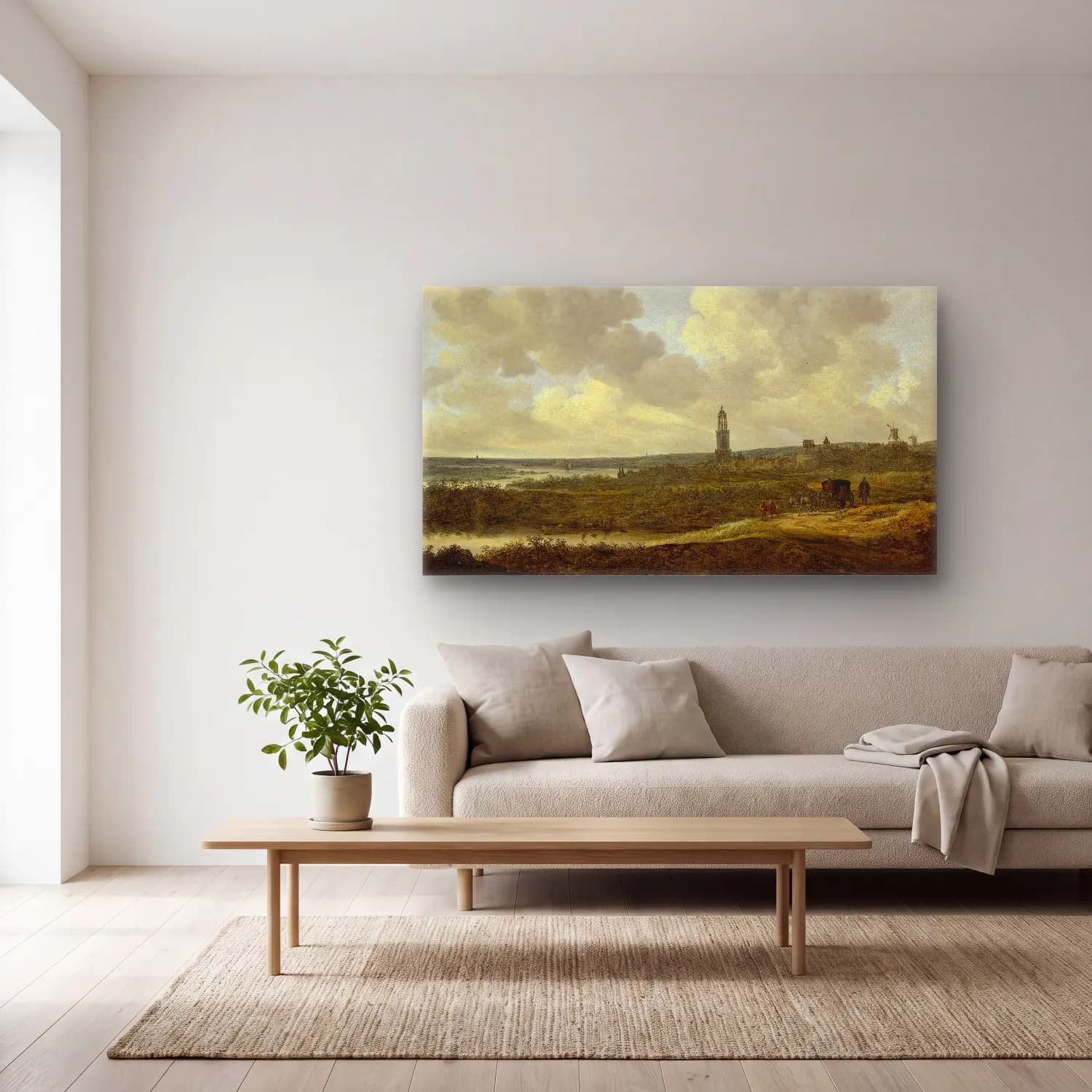 Jan van Goyen – View of Rhenen cam tablo — açık renk salonda