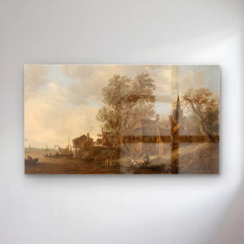 Jan van Goyen – View of a Town on a River cam tablo — Jan van Goyen – View of a Town on a River — yağlı boya köy sokağı